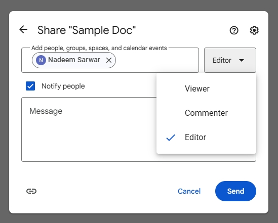 Вікно надання доступу в Google Docs